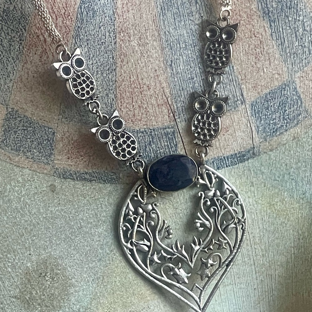 Blue Agate Silver Rope Owl Floral Filigree Heart Pendant Necklace